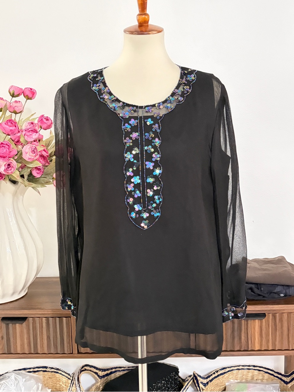 ANOPIA Black Sheer Blouse with Cami and Iridescent Floral Embellishment